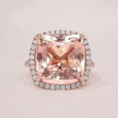Pink Cushion Morganite Diamond Wedding Ring 22.50 Carats Rose Gold 14K - Gemstone Ring-harrychadent.ca