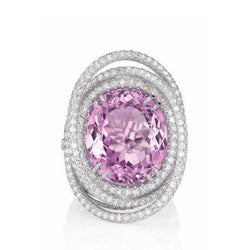 Pink Oval Kunzite Natural Earth Mined Diamond Fancy Ring 34 Carats White Gold 14K Jewelry