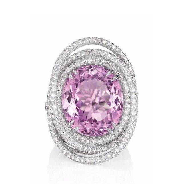 Pink Oval Kunzite Diamond Fancy Ring 34 Carats White Gold 14K Jewelry - Gemstone Ring-harrychadent.ca