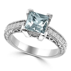 Princess Cut Aquamarine With Round Diamonds 16 Ct Ring White Gold