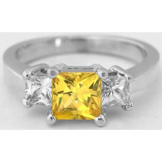 Princess Diamond Yellow Sapphire Ring 5 Carat 3 Stone White Gold 14K - Gemstone Ring-harrychadent.ca