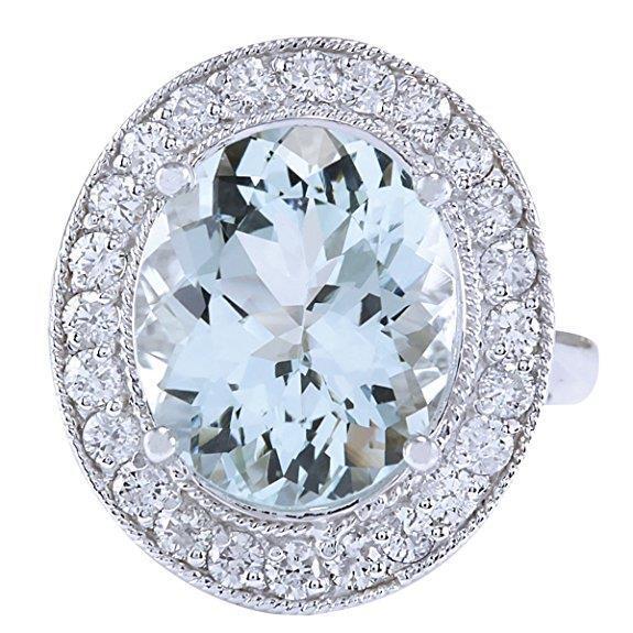 Prong Set 11 Ct Round Aquamarine And Diamonds Ring White Gold 14K - Gemstone Ring-harrychadent.ca