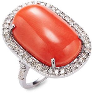 Prong Set 14 Carats Oval Red Coral With Round Diamond Ring - Gemstone Ring-harrychadent.ca