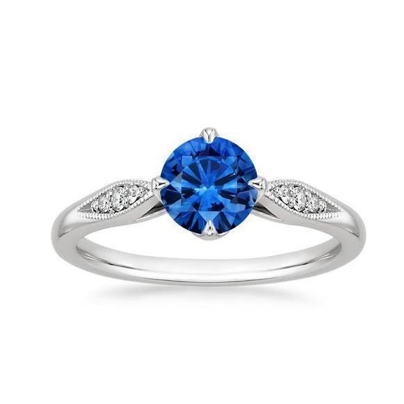 Prong Set 2.40 Carats Round Cut Ceylon Sapphire & Diamonds Ring WG 14K - Gemstone Ring-harrychadent.ca