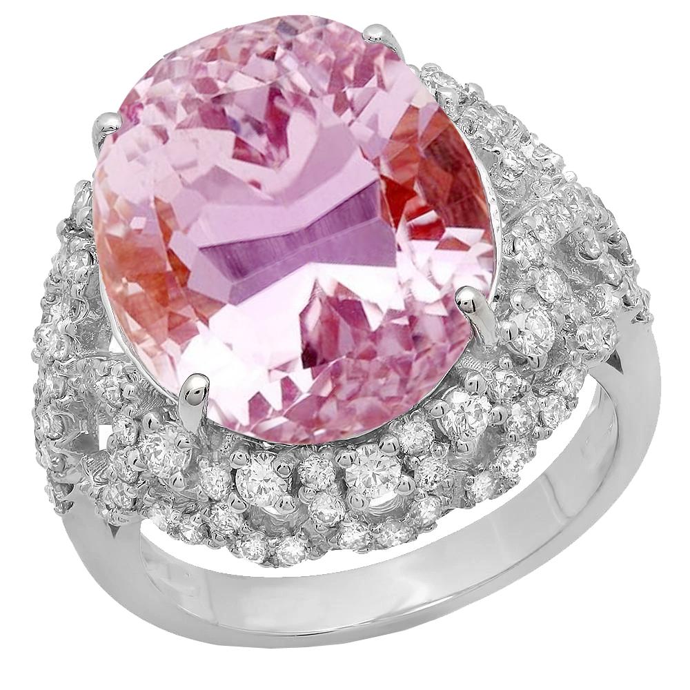 Prong Set 36.75 Ct Pink Kunzite With Diamonds Ring White Gold 14K - Gemstone Ring-harrychadent.ca