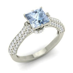 Prong Set 8.50 Carats Aquamarine With Natural Earth Mined Diamonds Ring White Gold 14K