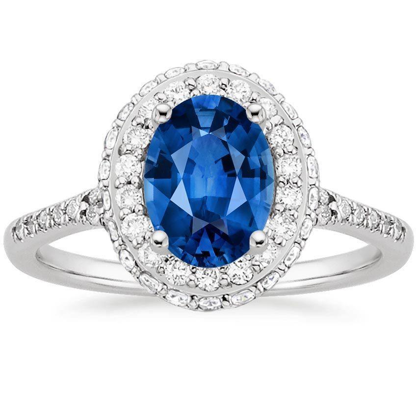 Prong Set Halo Sapphire And Diamonds 3.70 Carats Ring White Gold 14K - Gemstone Ring-harrychadent.ca