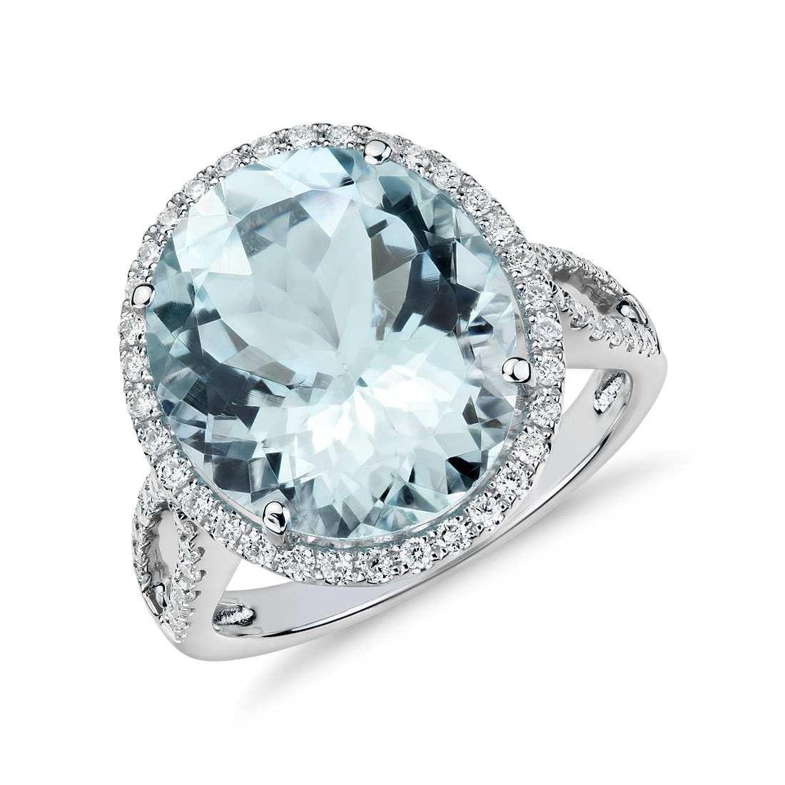 Prong Set Round Cut 12 Ct Aquamarine And Diamonds Ring Gold White - Gemstone Ring-harrychadent.ca