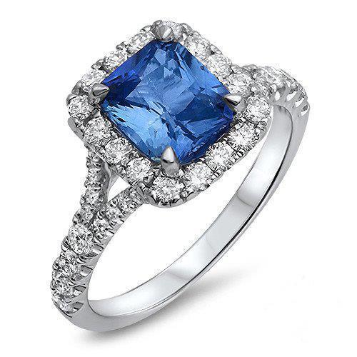 Radiant Cut Ceylon Sapphire & Round Diamond Ring 3 Ct. White Gold 14K - Gemstone Ring-harrychadent.ca