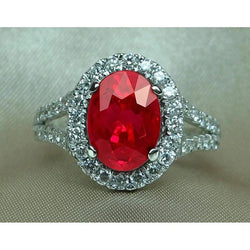 Red Oval Ruby With Accents Natural Earth Mined Diamond Wedding Ring 6.75 Carats White Gold