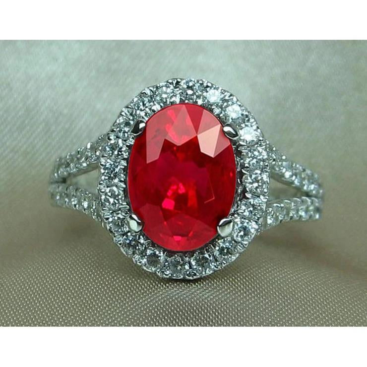 Red Oval Ruby With Accents Diamond Wedding Ring 6.75 Carats White Gold - Gemstone Ring-harrychadent.ca