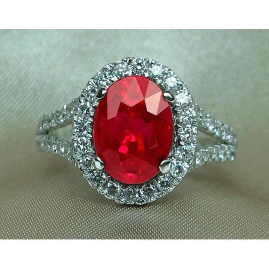 Red Oval Ruby With Accents Diamond Wedding Ring 6.75 Carats White Gold - Gemstone Ring-harrychadent.ca