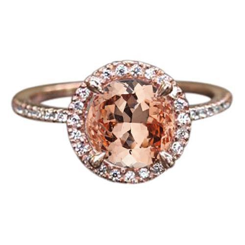 Rose Gold 14K 9 Carats Round Cut Morganite And Diamonds Ring New - Gemstone Ring-harrychadent.ca