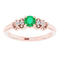 Rose Gold 14K Natural Earth Mined Diamond Round Green Emerald Ring 1.40 Carats