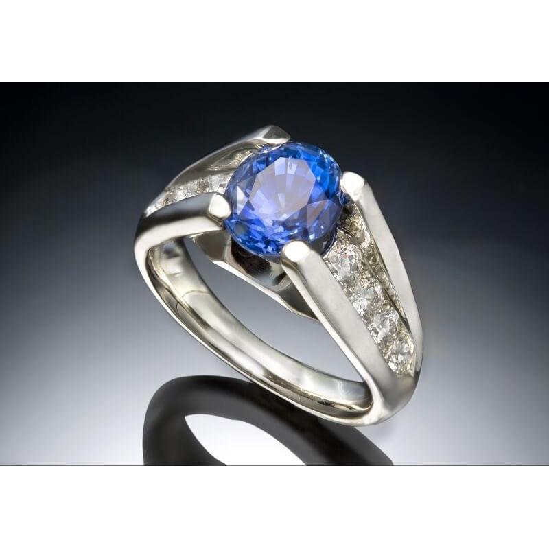 Round 2.50 Carats Sri Lanka Sapphire Diamond Ring White Gold 14K - Gemstone Ring-harrychadent.ca