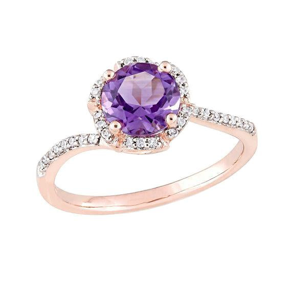 Round Amethyst With Diamond 6.75 Carats Ring Rose Gold 14K Gemstone - Gemstone Ring-harrychadent.ca