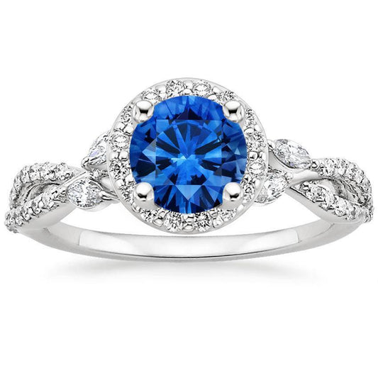 Round And Marquise Cut 3.90 Ct Ceylon Sapphire Diamonds Ring Gold 14K - Gemstone Ring-harrychadent.ca