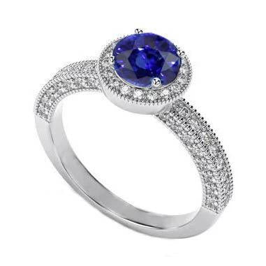 Round Blue Sapphire 4.70 Ct. Diamond Ring Vintage Style White Gold 14K - Gemstone Ring-harrychadent.ca