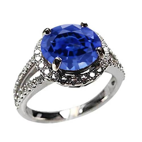 Round Brilliant Cut & Sri Lanka Sapphire 4.15 Ct. Diamond Ring WG 14K - Gemstone Ring-harrychadent.ca