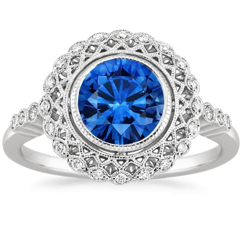 Round Ceylon Sapphire Diamond Ring Bezel Set 3.80 Carat White Gold 14K - Gemstone Ring-harrychadent.ca