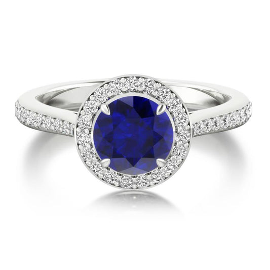 Round Ceylon Sapphire Halo Diamond Ring 2.85 Ct White Gold Jewelry 14K - Gemstone Ring-harrychadent.ca