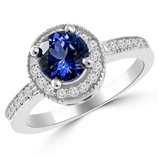 Round Ceylon Sapphire Halo Diamond Ring White Gold Jewelry 1.5 Ct. - Gemstone Ring-harrychadent.ca