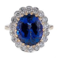 Round Cut 5.75 Carats Tanzanite With Natural Earth Mined Diamonds Ring Two Tone 14K