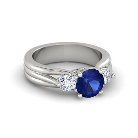 Round Cut Three Stone Ceylon Sapphire Diamond Ring 1.75 Carats WG 14K - Gemstone Ring-harrychadent.ca