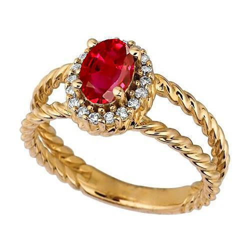 Round Diamond & Oval Ruby Fancy Ring 1.25 Carats Yellow Gold 14K - Gemstone Ring-harrychadent.ca