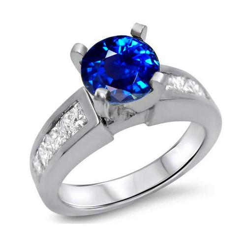 Round & Princess Cut Ceylon Sapphire Diamond Ring 3.20 Carat WG 14K - Gemstone Ring-harrychadent.ca