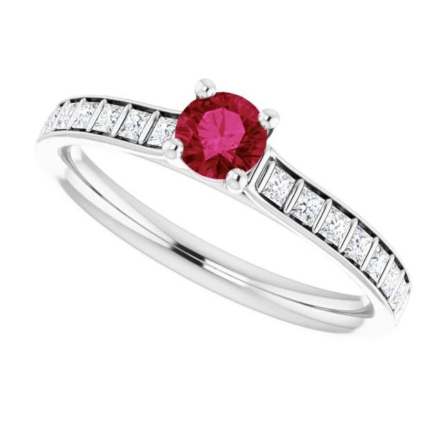 Round Ruby and Princess Diamond Ring 2 Carats White Gold 14K - Gemstone Ring-harrychadent.ca