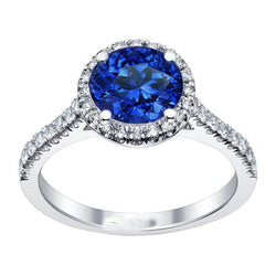 Round Sri Lanka Blue Sapphire Halo Diamond Ring 2.20 Carats Gold 14K