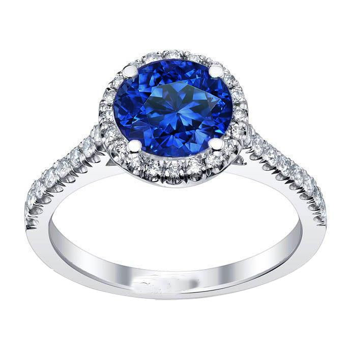Round Sri Lanka Blue Sapphire Halo Diamond Ring 2.20 Carats Gold 14K - Gemstone Ring-harrychadent.ca