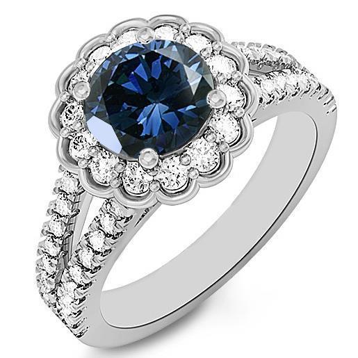 Round Sri Lanka Blue Sapphire Halo Diamond Ring 2.25 Carats White Gold - Gemstone Ring-harrychadent.ca