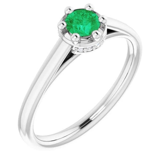 Six Prong Round Green Emerald Diamond Ring 1.25 Carats White Gold 14K - Gemstone Ring-harrychadent.ca