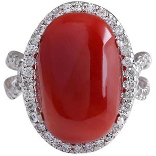 Solitaire With Accent 13.75 Ct Red Coral And Diamonds Ring New - Gemstone Ring-harrychadent.ca