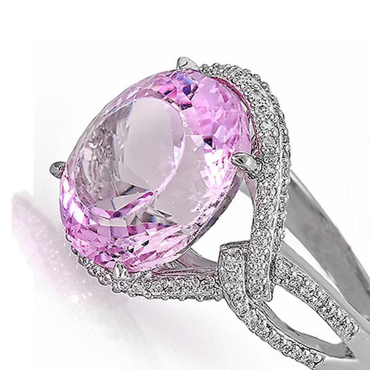 Solitaire With Accent 33 Carats Kunzite With Diamonds Ring 14K Gold - Gemstone Ring-harrychadent.ca