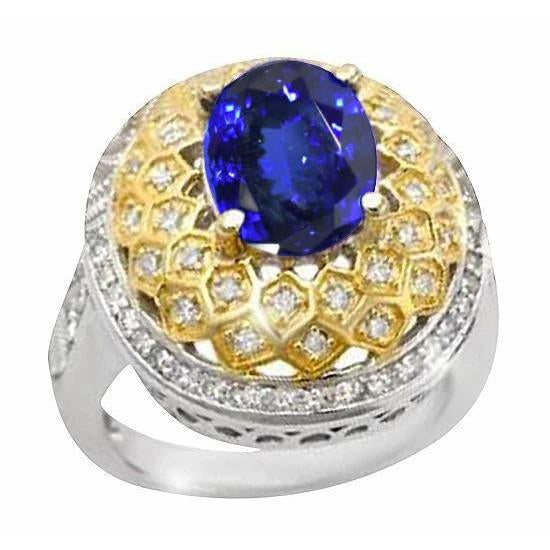 Sparkling 3.11 Ct Oval Tanzanite Diamonds Ring Two Tone Gold - Gemstone Ring-harrychadent.ca