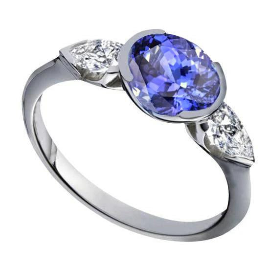 Sparkling 3-Stone 3 Carat Oval Tanzanite And Pear Diamond Ring - Gemstone Ring-harrychadent.ca