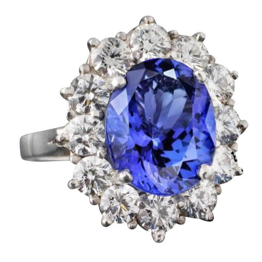 Sparkling 6 Carat Oval AAA Tanzanite And Round Diamonds Ring - Gemstone Ring-harrychadent.ca