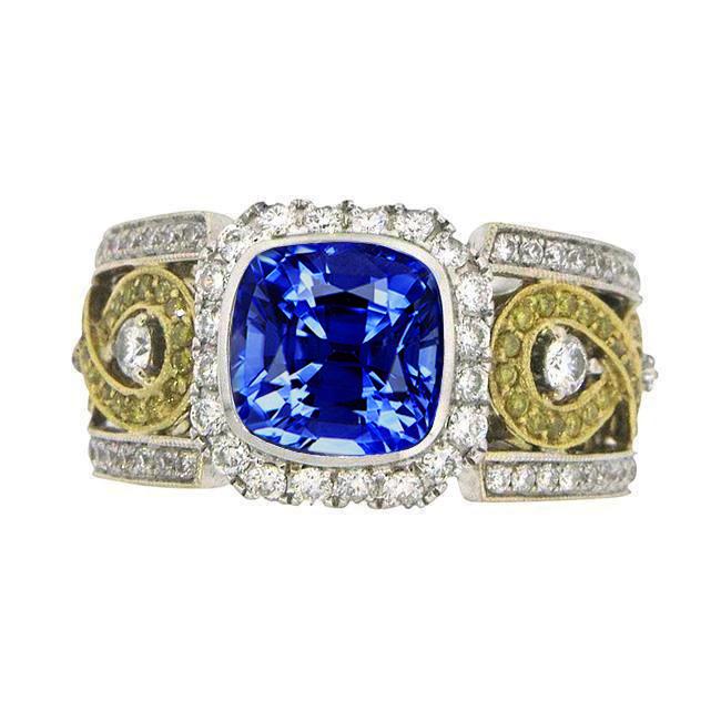 Sri Lanka Blue Sapphire Cushion Diamonds Ring 3.25 Carats Two Tone 14K - Gemstone Ring-harrychadent.ca