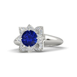 Sri Lanka Sapphire & Natural Earth Mined Diamond Wedding Ring 2.50 Carats White Gold 14K