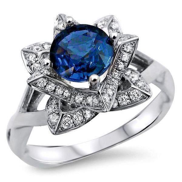 Sri Lanka Sapphire With Diamonds 3 Ct Flower Ring White Gold 14K - Gemstone Ring-harrychadent.ca