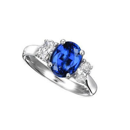 Sri Lankan Blue Sapphire & Diamond Ring 3 Stone 2.60 Carat WG 14K - Gemstone Ring-harrychadent.ca