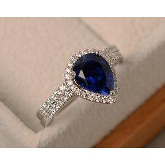 Sri Lankan Blue Sapphire Pear & Round Diamond Ring 2.75 Carat WG 14K - Gemstone Ring-harrychadent.ca