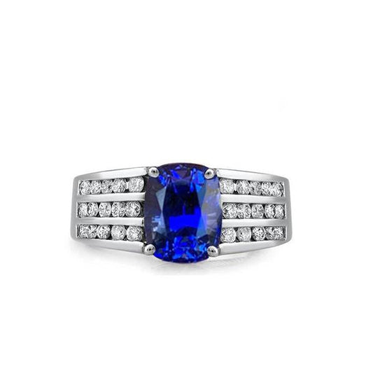 Sri Lankan Cushion Sapphire With Diamonds Ring 3.50 Ct Gold White 14K - Gemstone Ring-harrychadent.ca