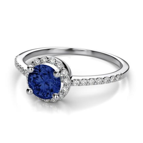 Sri Lankan Sapphire Ring Round Halo Diamond Jewelry Gold 14K 1.60 Ct - Gemstone Ring-harrychadent.ca