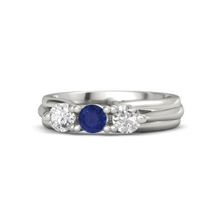 Three Stone Blue Sapphire And Diamond Ring 1 Carat White Gold 14K - Gemstone Ring-harrychadent.ca