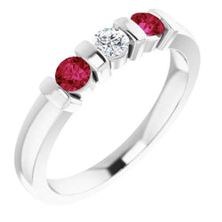 Three Stone Natural Earth Mined Diamond Ruby Ring 0.90 Carats White Gold 14K