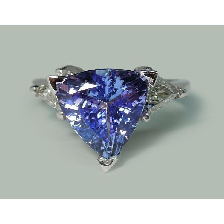 Three Stone Ring Trilliant Cut Blue Diamond Gemstone 6.5 Carats WG 14K - Gemstone Ring-harrychadent.ca